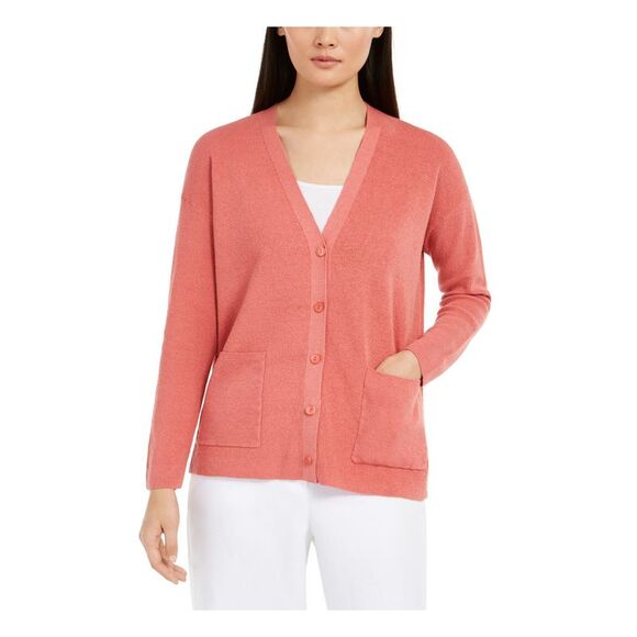 EILEEN FISHER Womens Coral Pocketed Long Sleeve Open Cardigan Sweater XL